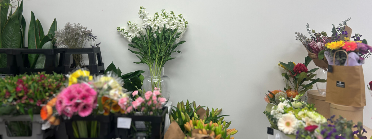 Display of various flower arrangements in different containers against a white wall.