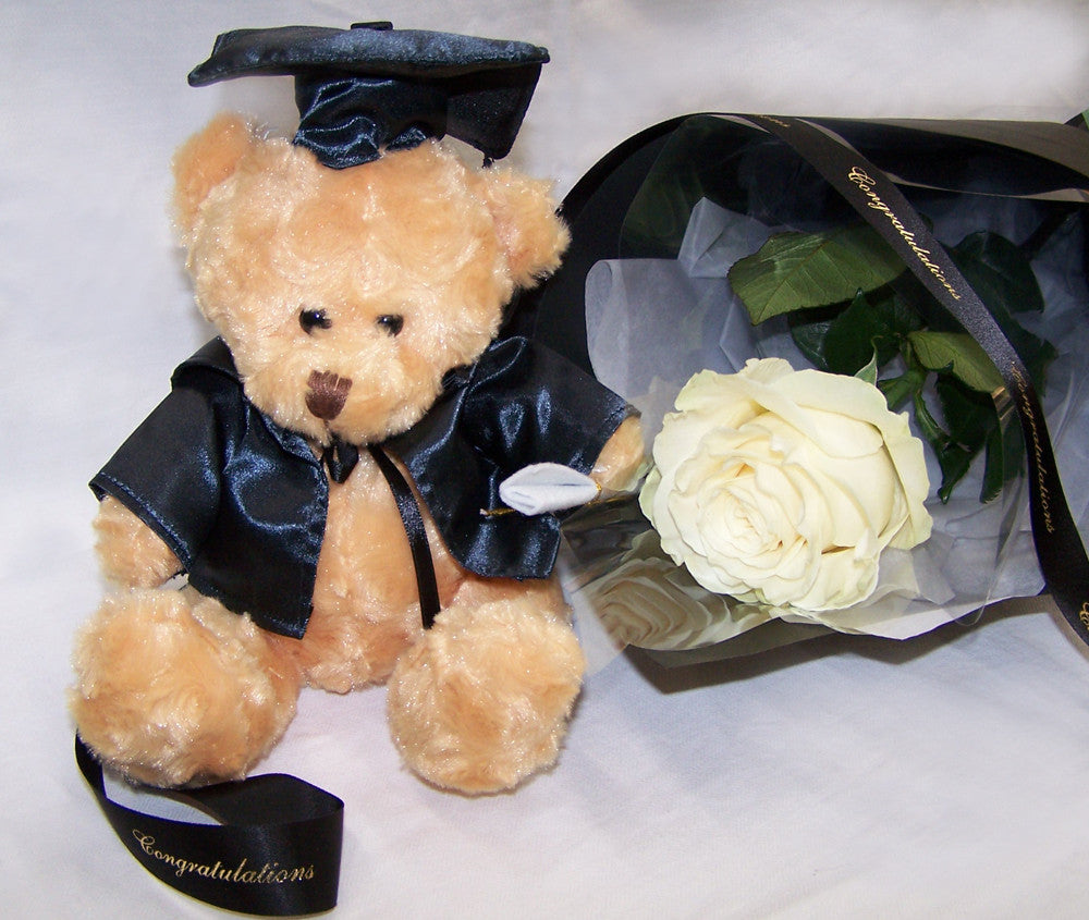 grad bear with white rose