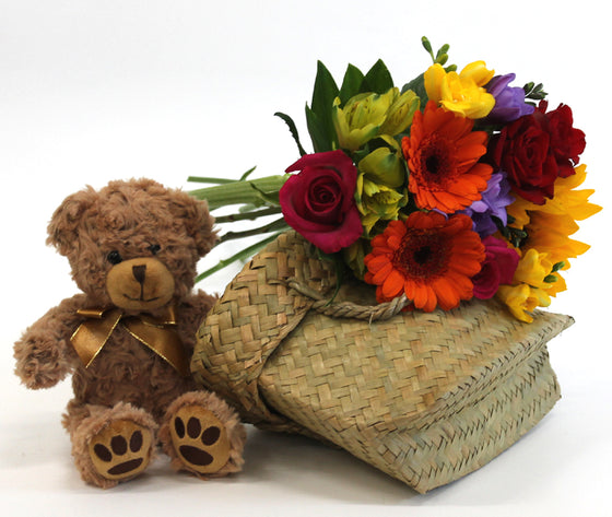 small bear and flowers and flax bag
