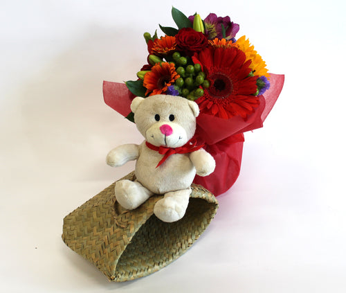 small bear and flowers and flax bag