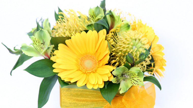 Yellow roses and gerberas.  - One ceramic green pot.